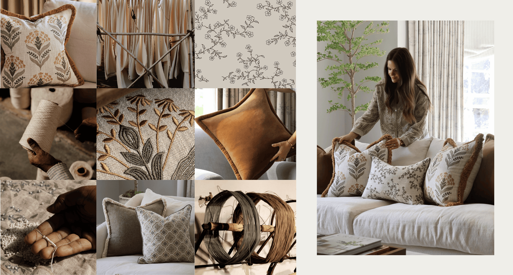 A collage of imagery of a luxury cushion collection by The Suffolk Nest