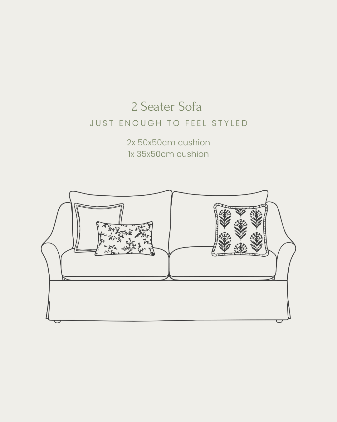 Line drawing of a 2-seater sofa with cushions on a white background