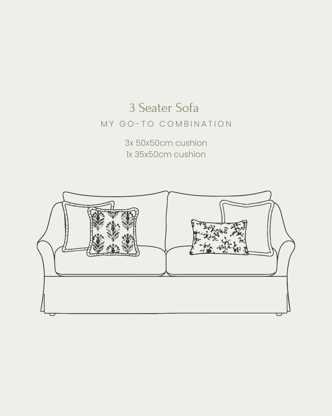 Schematic drawing of a 3-seater sofa with decorative cushions on a white background