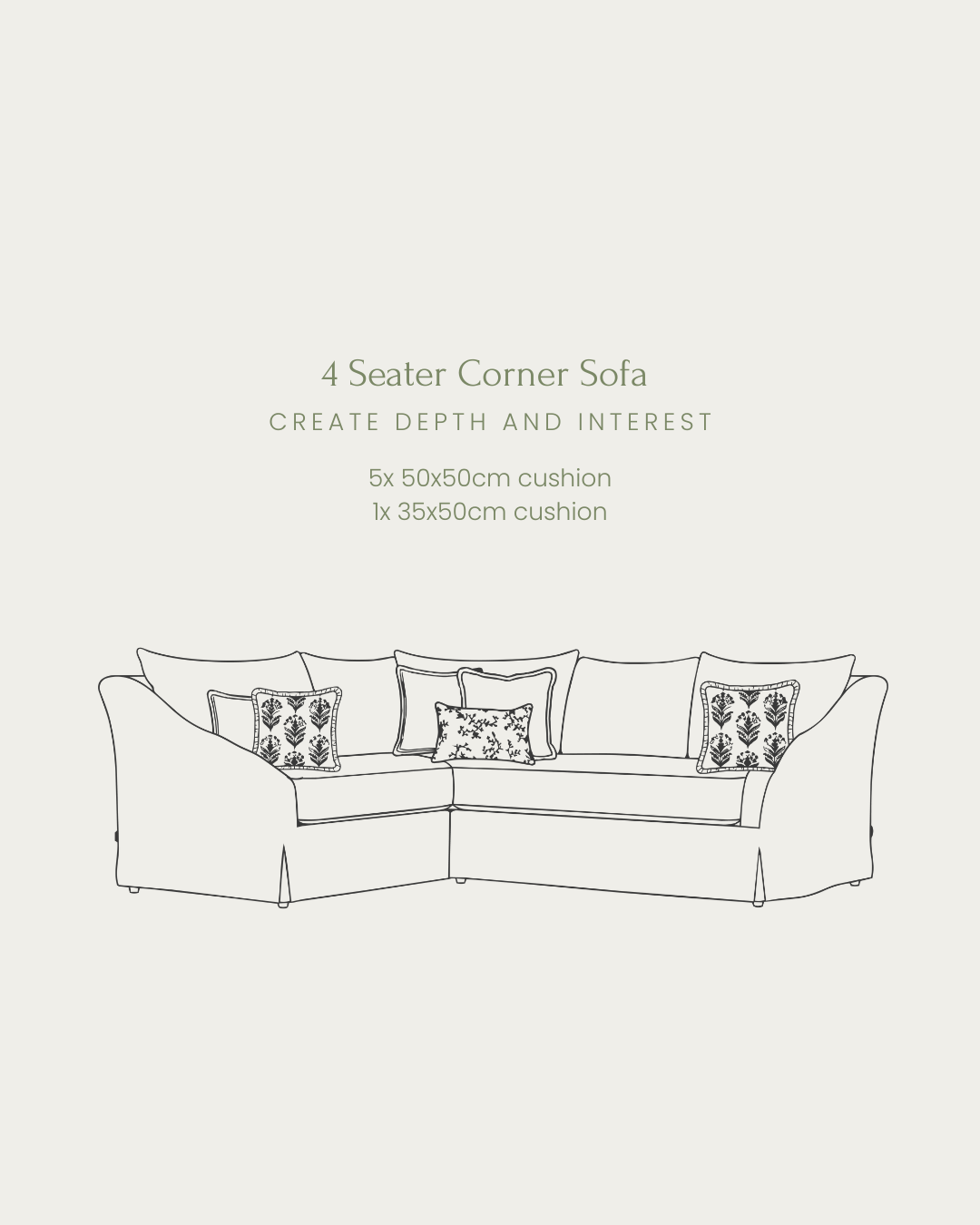 Line drawing of a 4-seater corner sofa with cushions on a light gray background