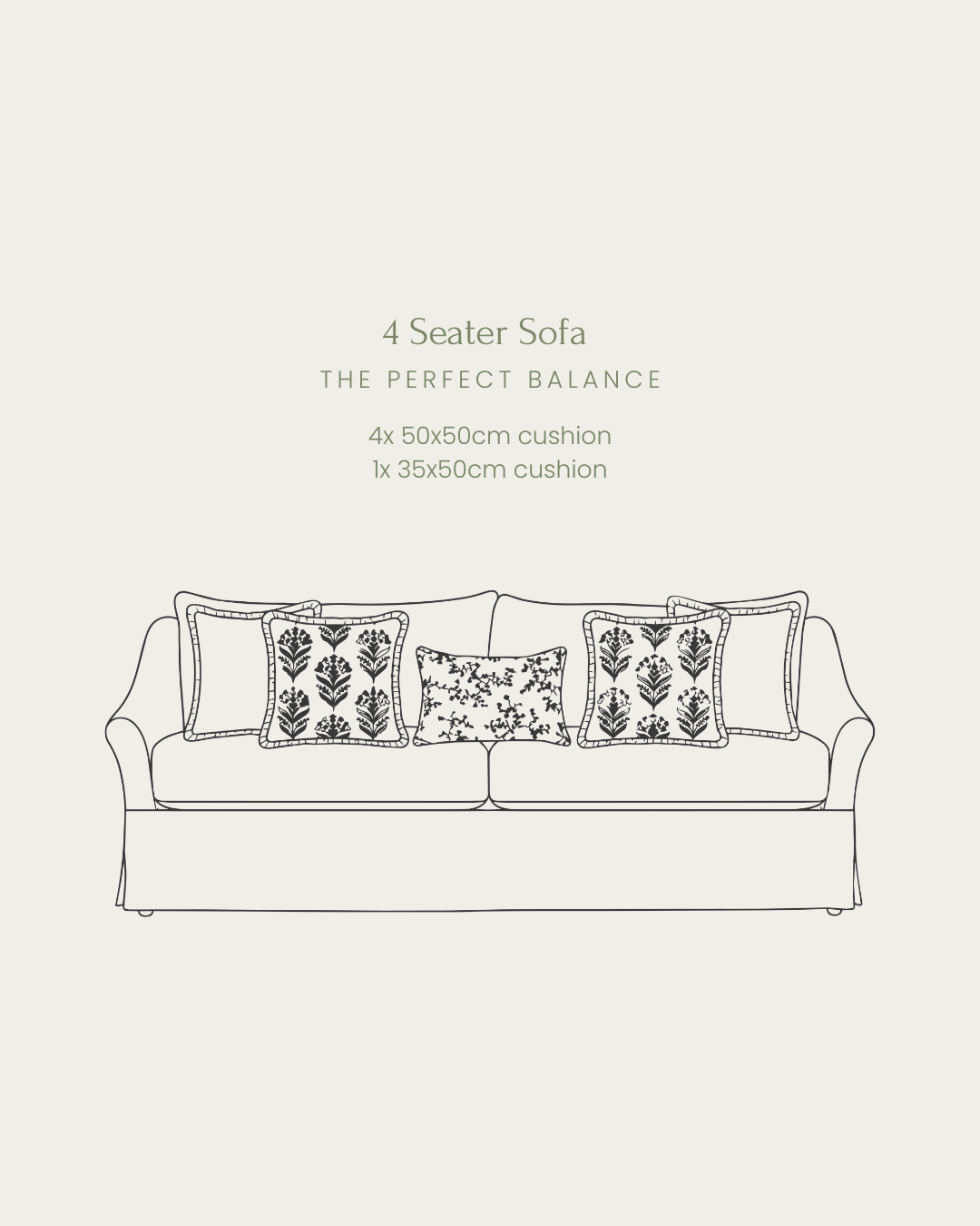 Line drawing of a 4-seater sofa with decorative cushions on a white background