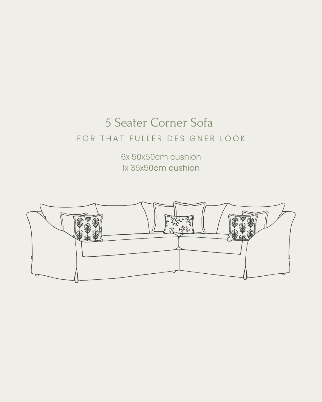 Line drawing of a 5-seater corner sofa with decorative cushions on a light gray background.