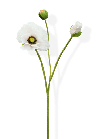 Artificial poppy with white flowers and green stems on a white background