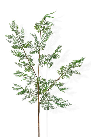 Artificial cedar branch with green leaves on a white background