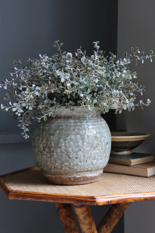 Decorative vase with eucalyptus on a wooden table against a dark wall
