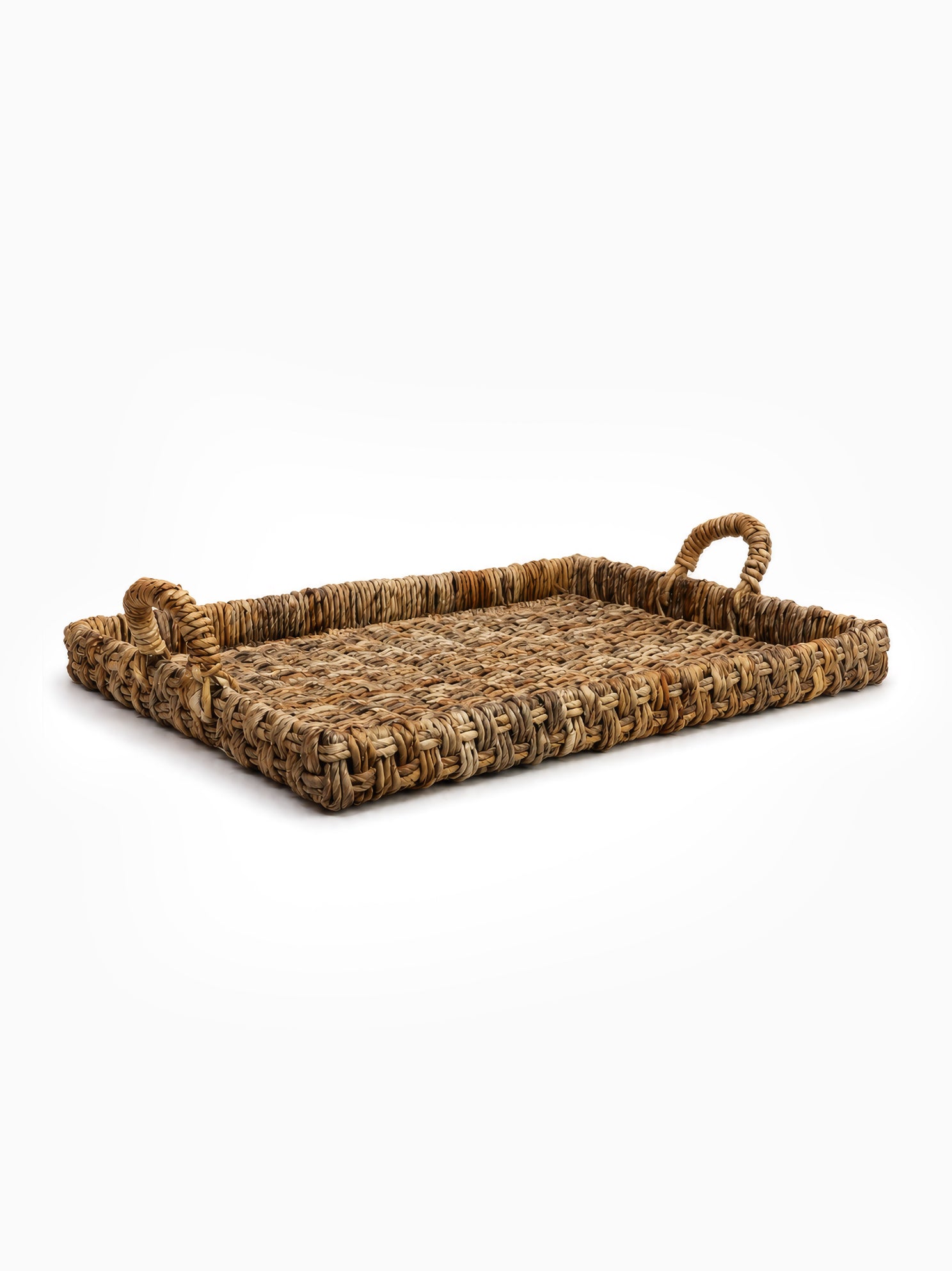 Rattan Woven Tray with handles on a white background 