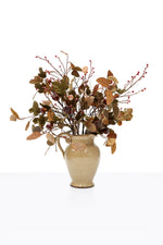 Artificial Autumn Fig Arrangement in a yellow ceramic urn on white background
