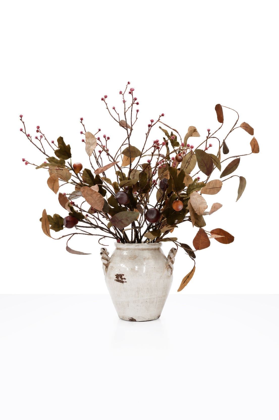 Artificial Autumn Fig Arrangement in a white ceramic vase on white background