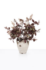 Artificial Autumn Mulberry Hydrangea Arrangement in a white ceramic vase on white background