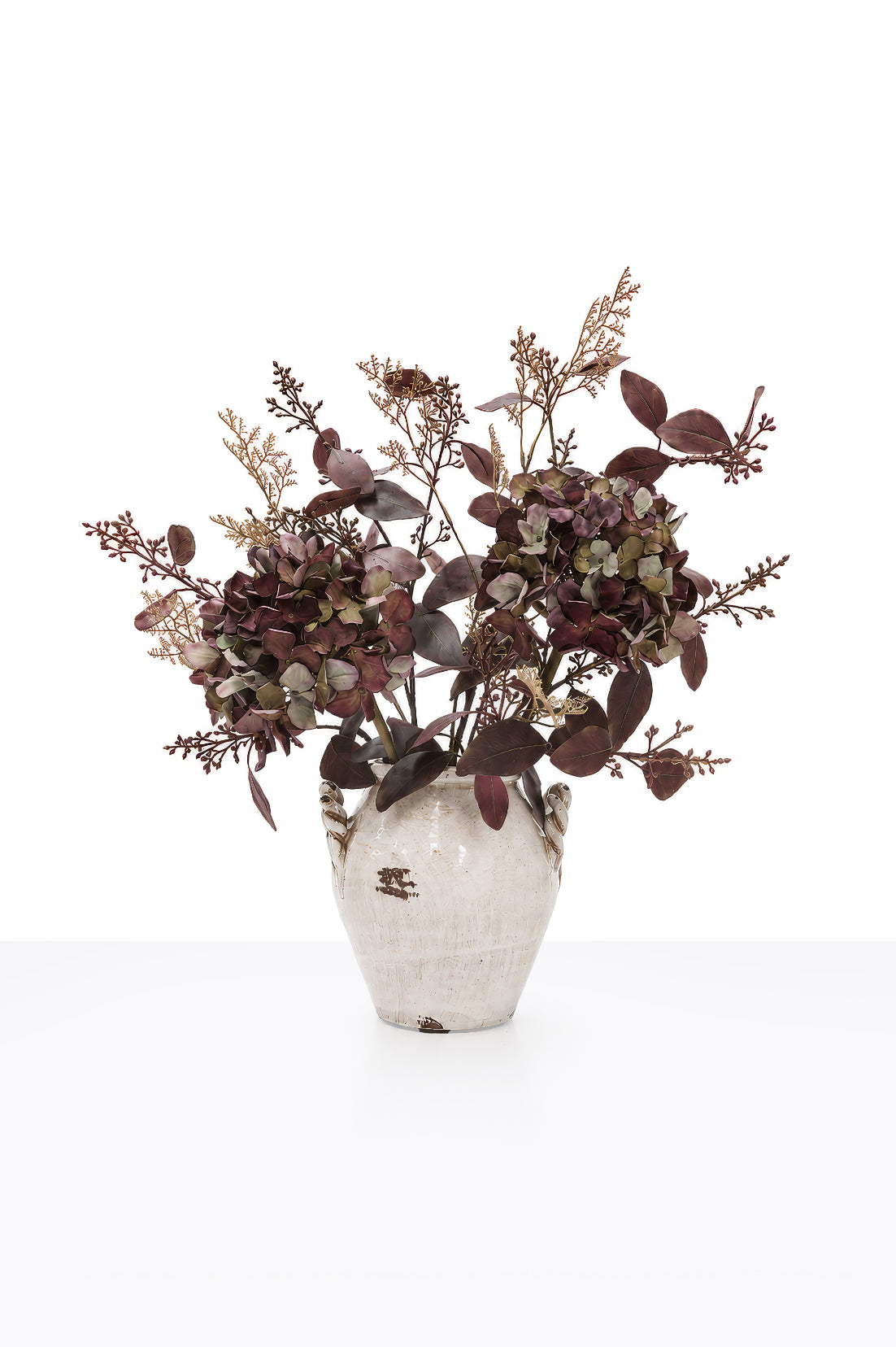 Artificial Autumn Mulberry Hydrangea Arrangement in a white ceramic vase on white background