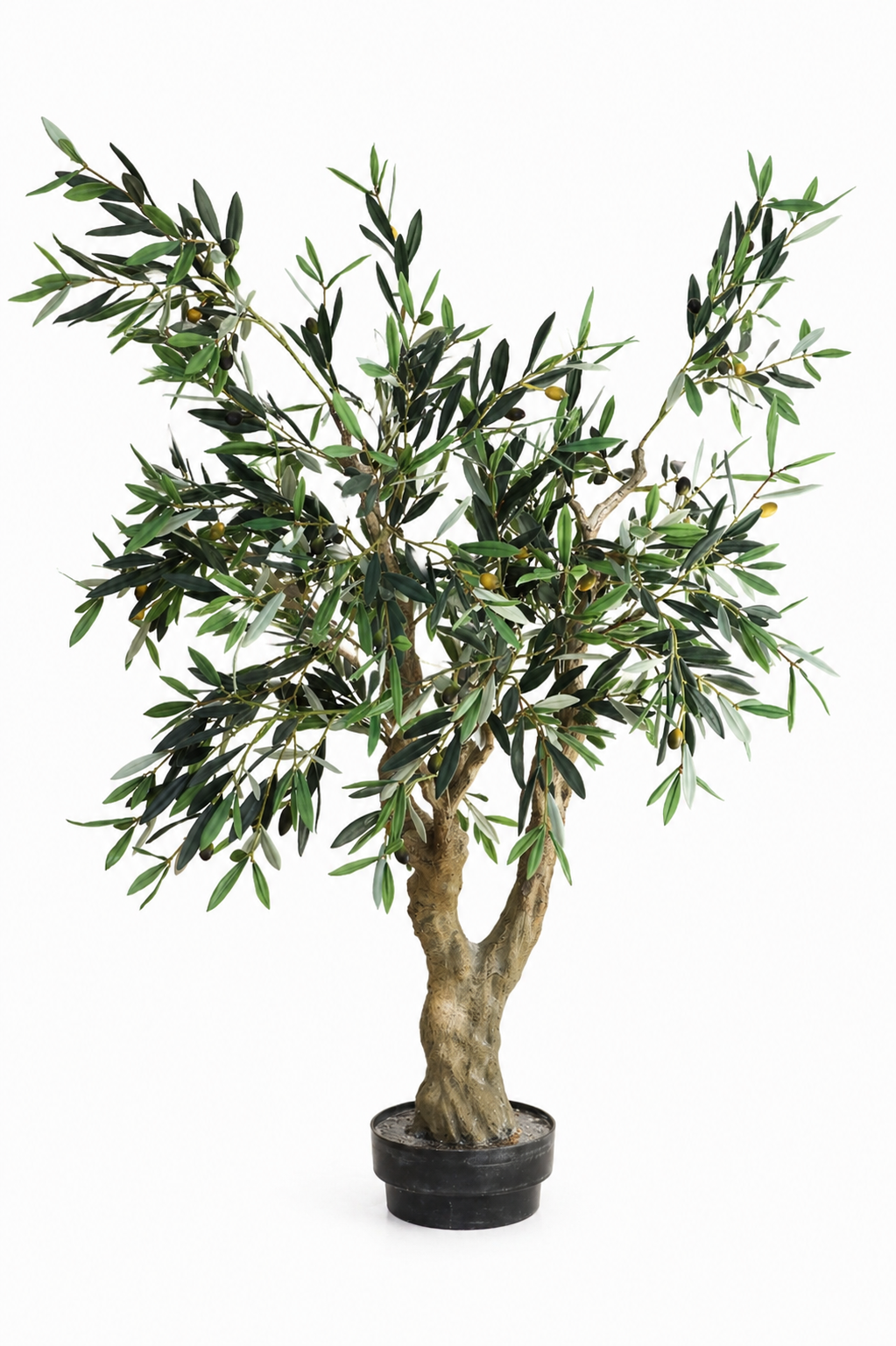 Potted artificial olive tree on a white background