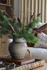 Artificial cypress branch and willow spray with cone branches styled in a grey ceramic vase on a coffee table in a cosy lounge setting 