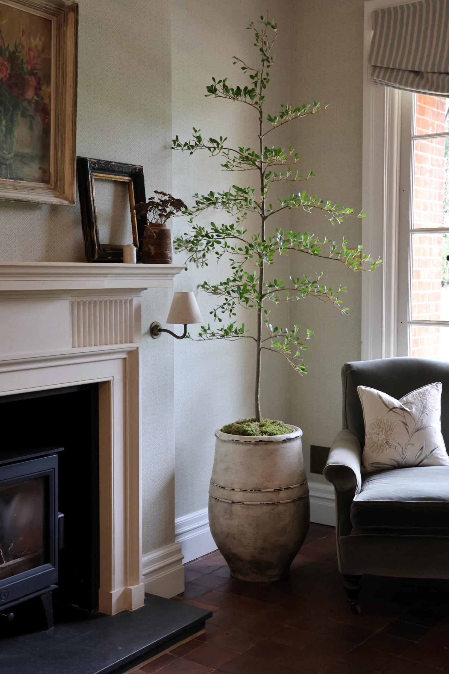 faux black olive tree in bucklesham planter in a corner of a home setting with a chair and fireplace either side 