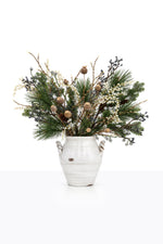 Artificial Christmas Blue Berry Arrangement in a ceramic urn on white background