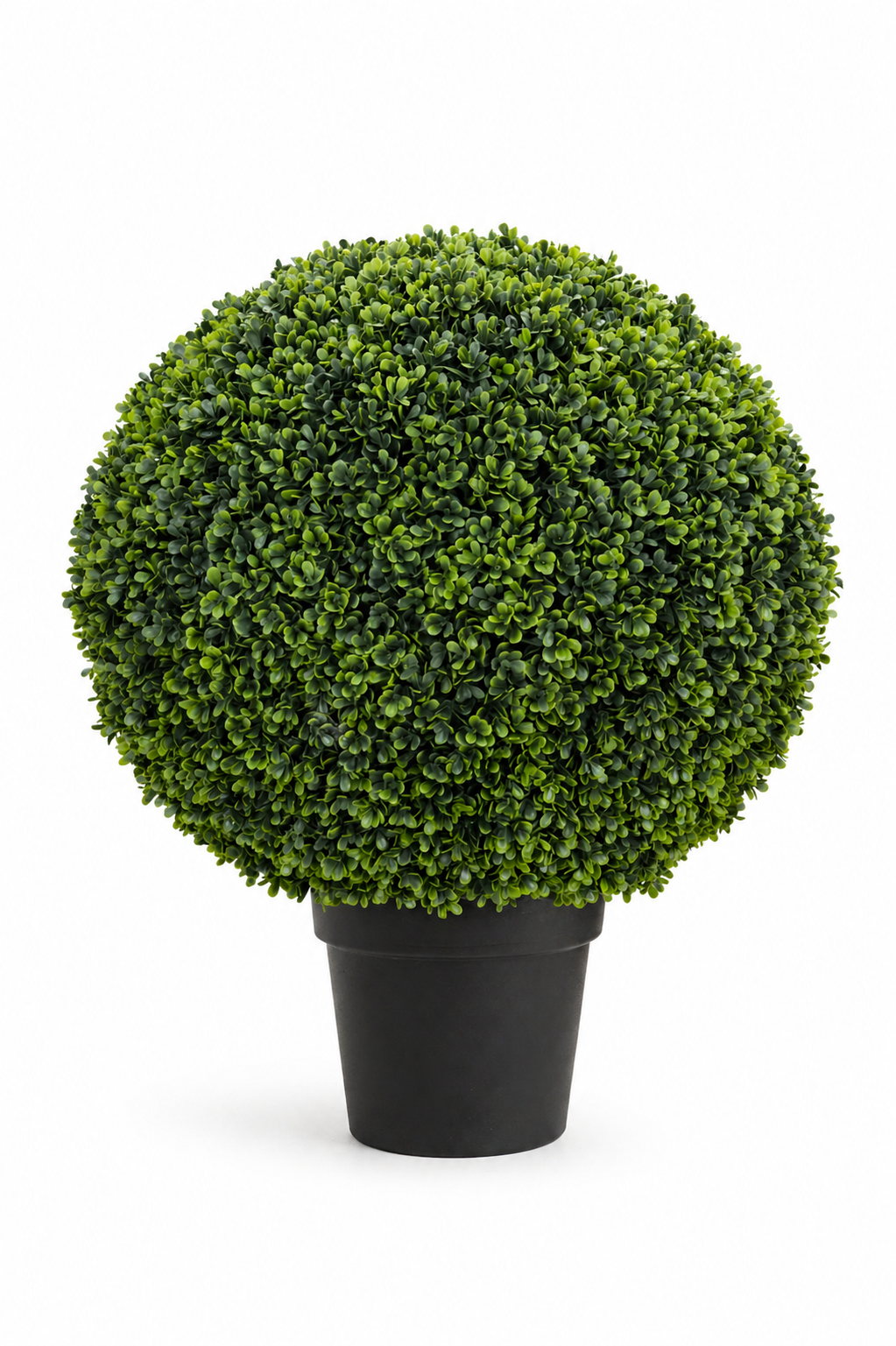 Artificial topiary ball plant in a black pot on a white background