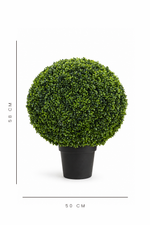 Artificial boxwood ball topiary in a pot with dimensions on a white background