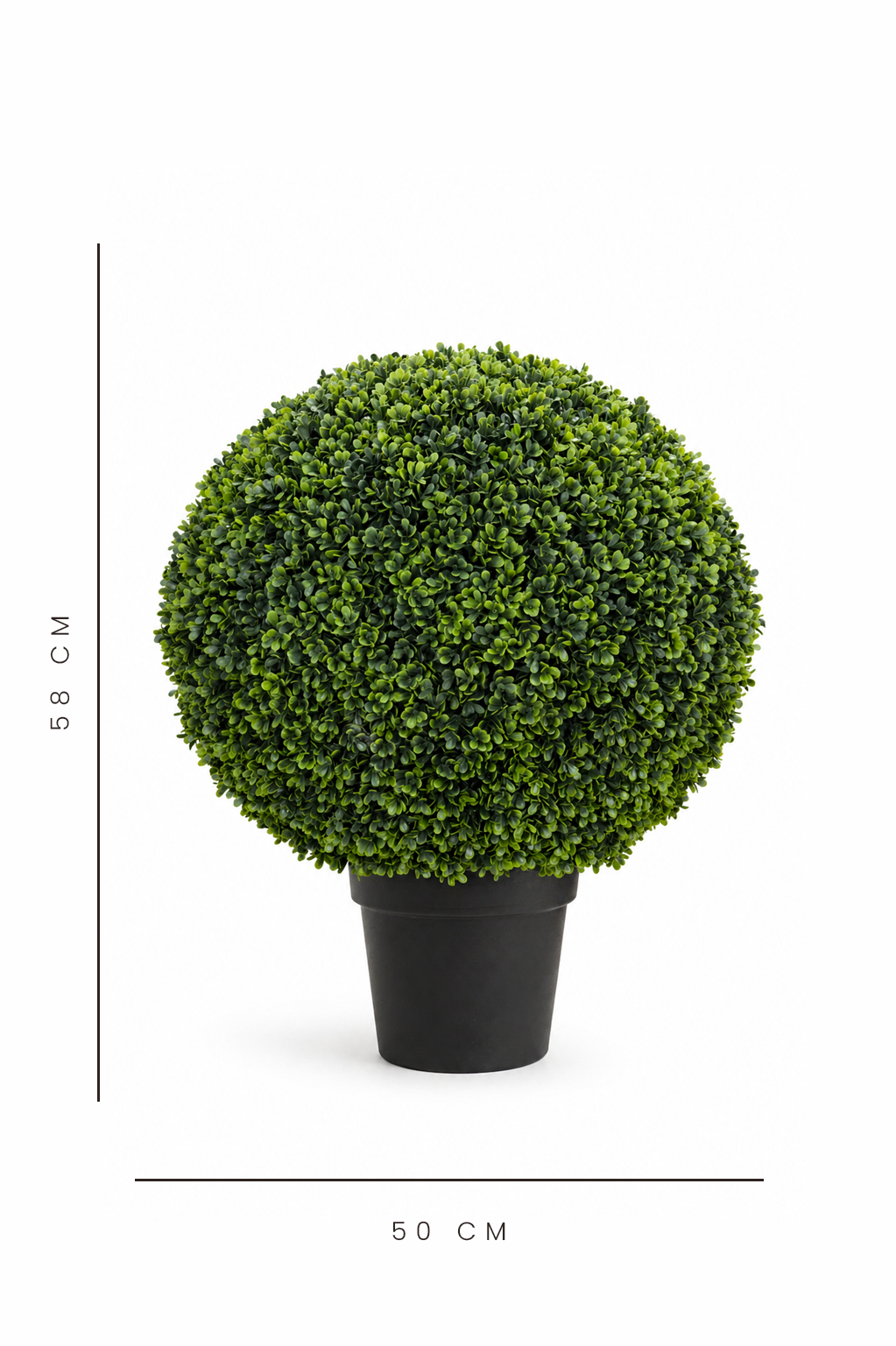Artificial boxwood ball topiary in a pot with dimensions on a white background