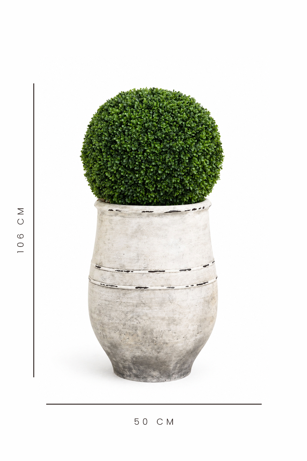 Decorative pot with a green spherical topiary on a white background