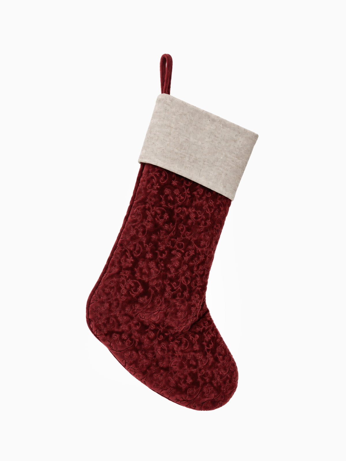 Christmas Crimson Red Embroidered Stocking on white