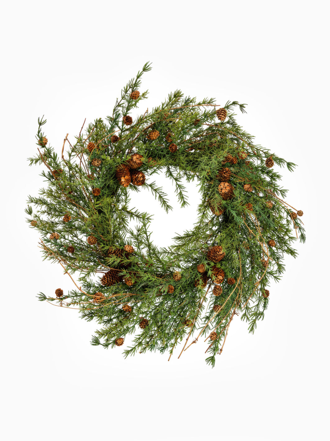 An artificial nordic pinecone wreath for christmas on a white background