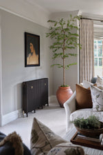 Living room with a white sofa, decorative pillows, an artificial shady lady tree, and a radiator.