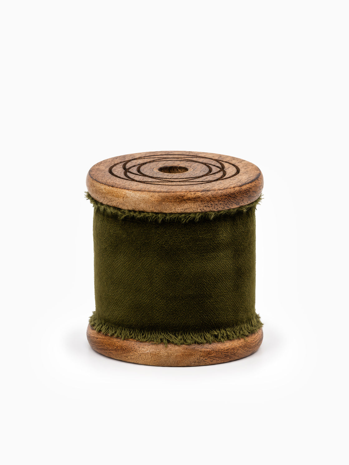 Spool of Frayed Edge Velvet Ribbon, in Moss Green, on white for Christmas
