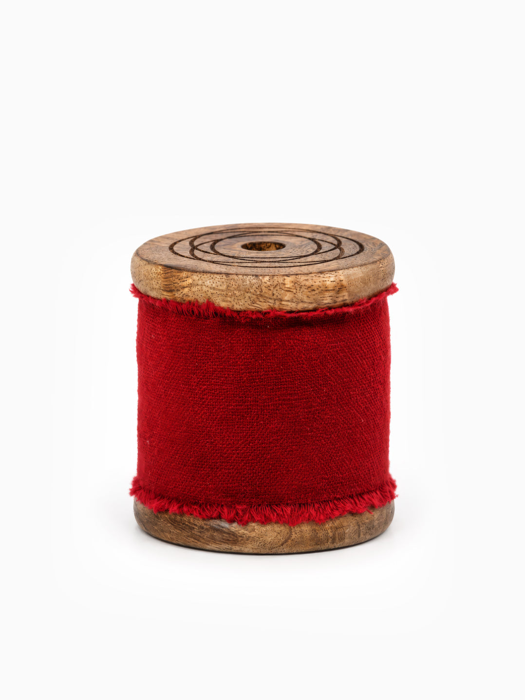 Spool of Frayed Edge Velvet Ribbon, in Crimson Red, on white for Christmas