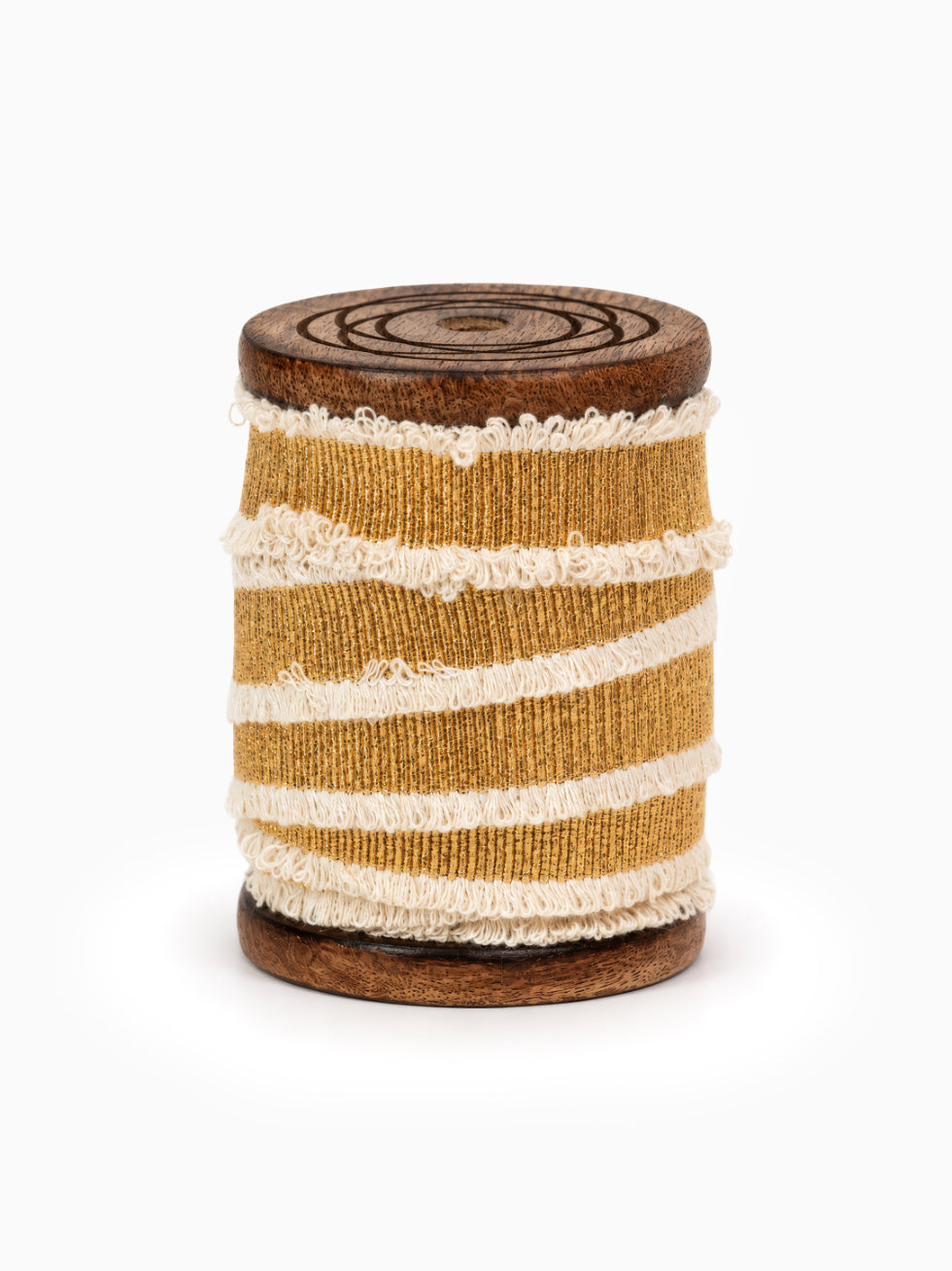 Spool of Fringed Gold Ribbon on white for Christmas