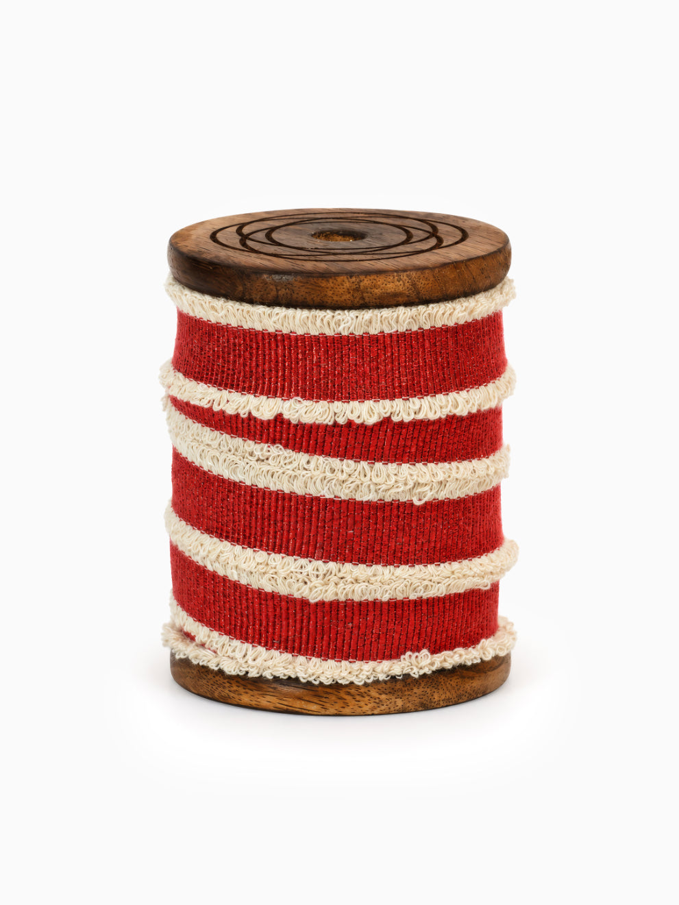 Spool of Fringed Red Ribbon on white for Christmas