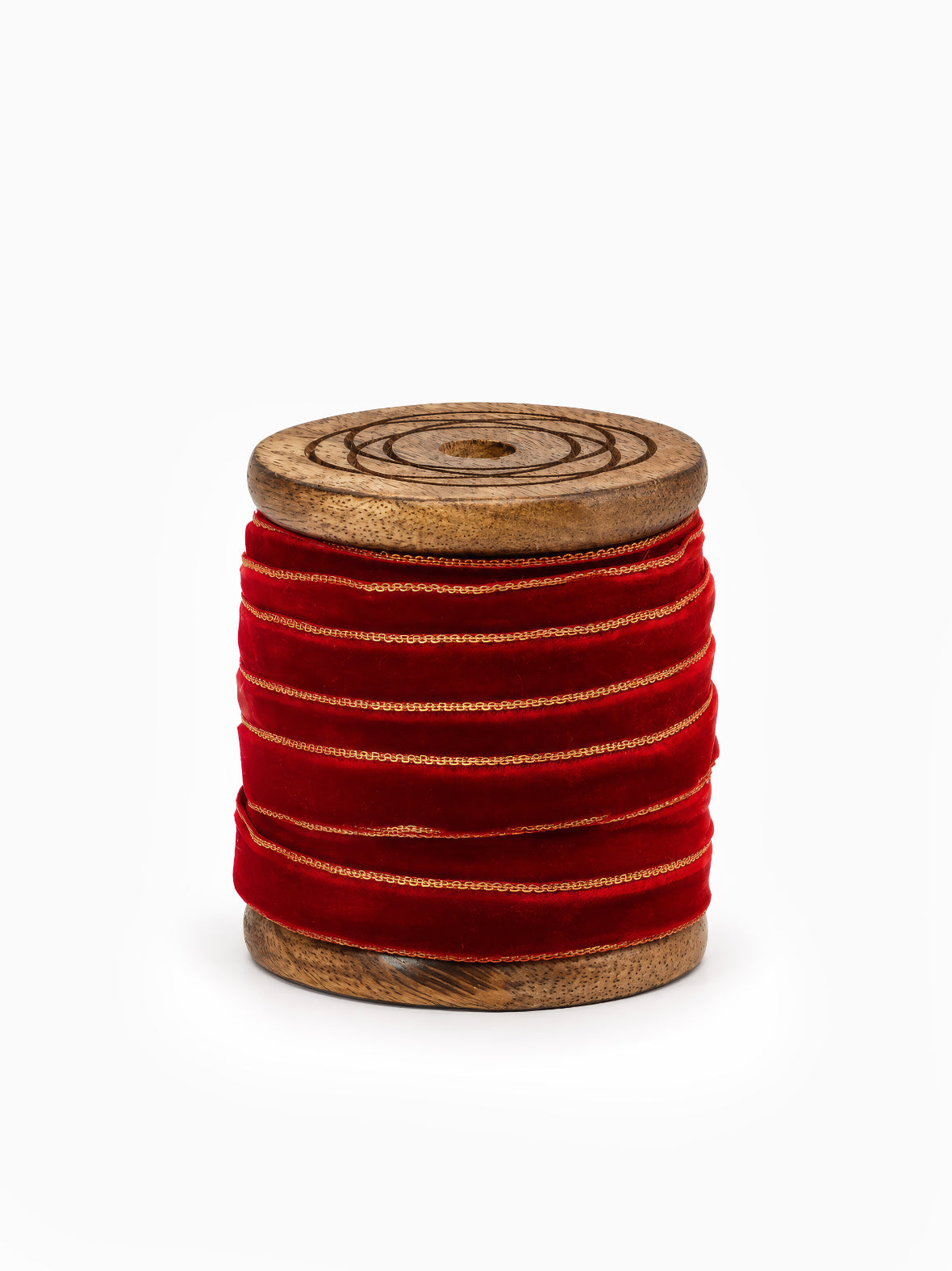 Spool of Gold Edge Velvet Ribbon in Red on white for Christmas