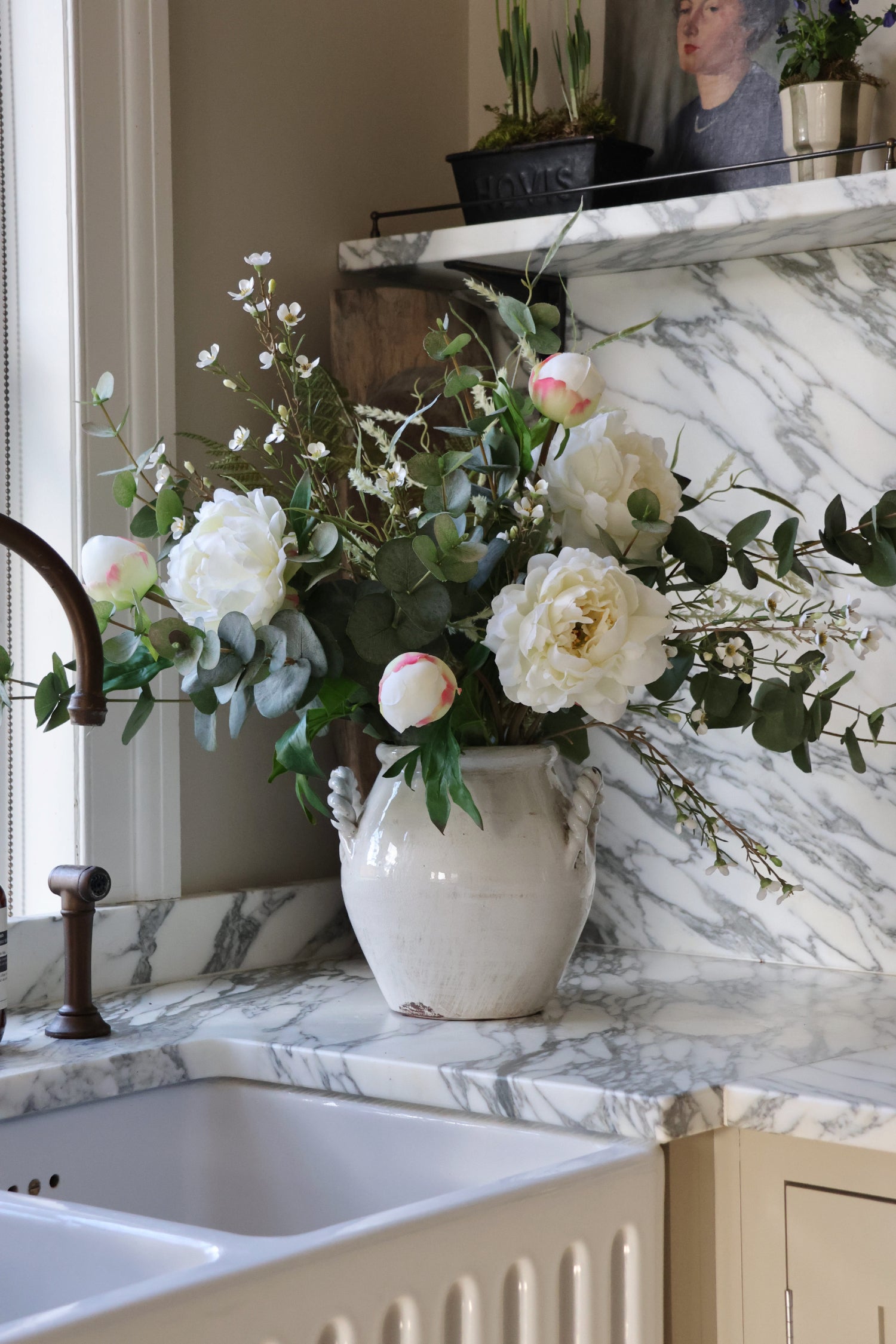 Faux White Peony & Foliage Arrangement