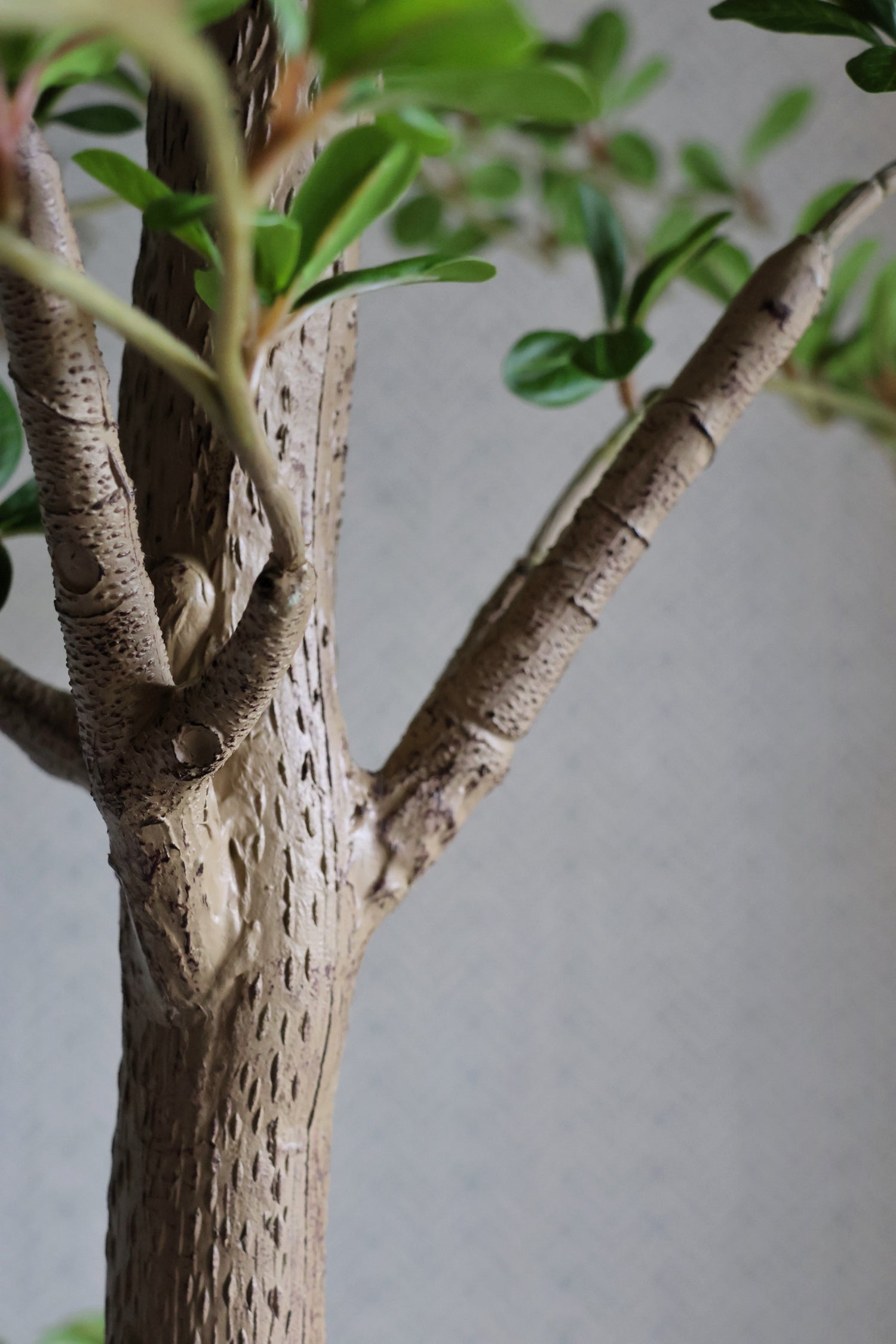 Close-up of an artificial tree branch with a plain background