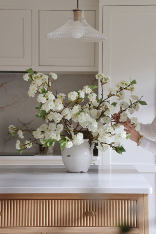 Person arranging white flowers in a vase on a kitchen counter.