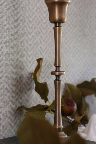 Bronze candlestick with leaves in the foreground against a textured wall.