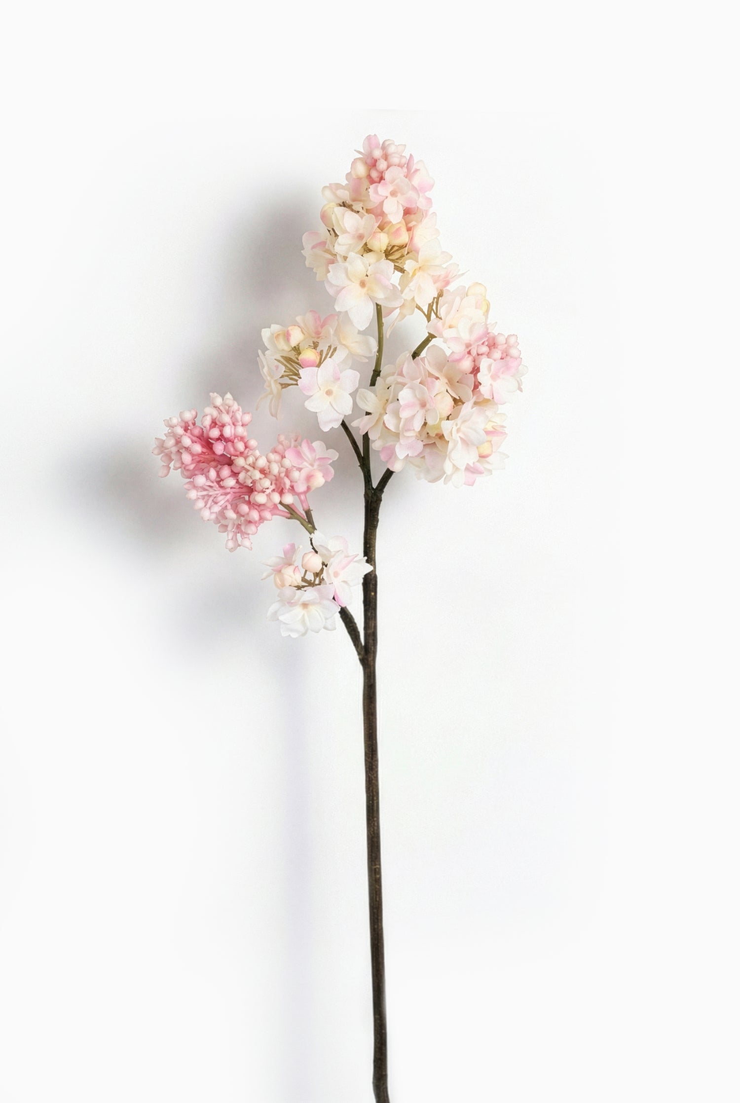 Artificial lilac flower branch with pink and white blossoms on a white background