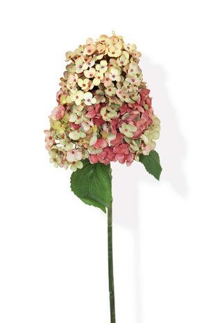 pink and green faux hydrangea on white background
