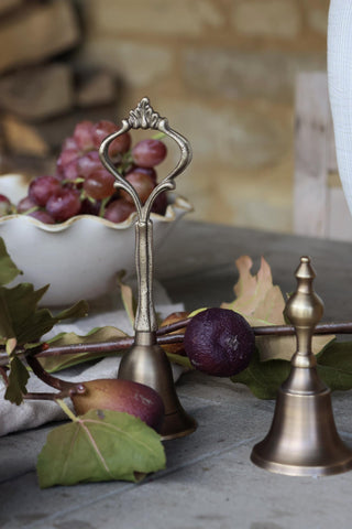 Decorative bronze bell with grapes and leaves on a stone surface