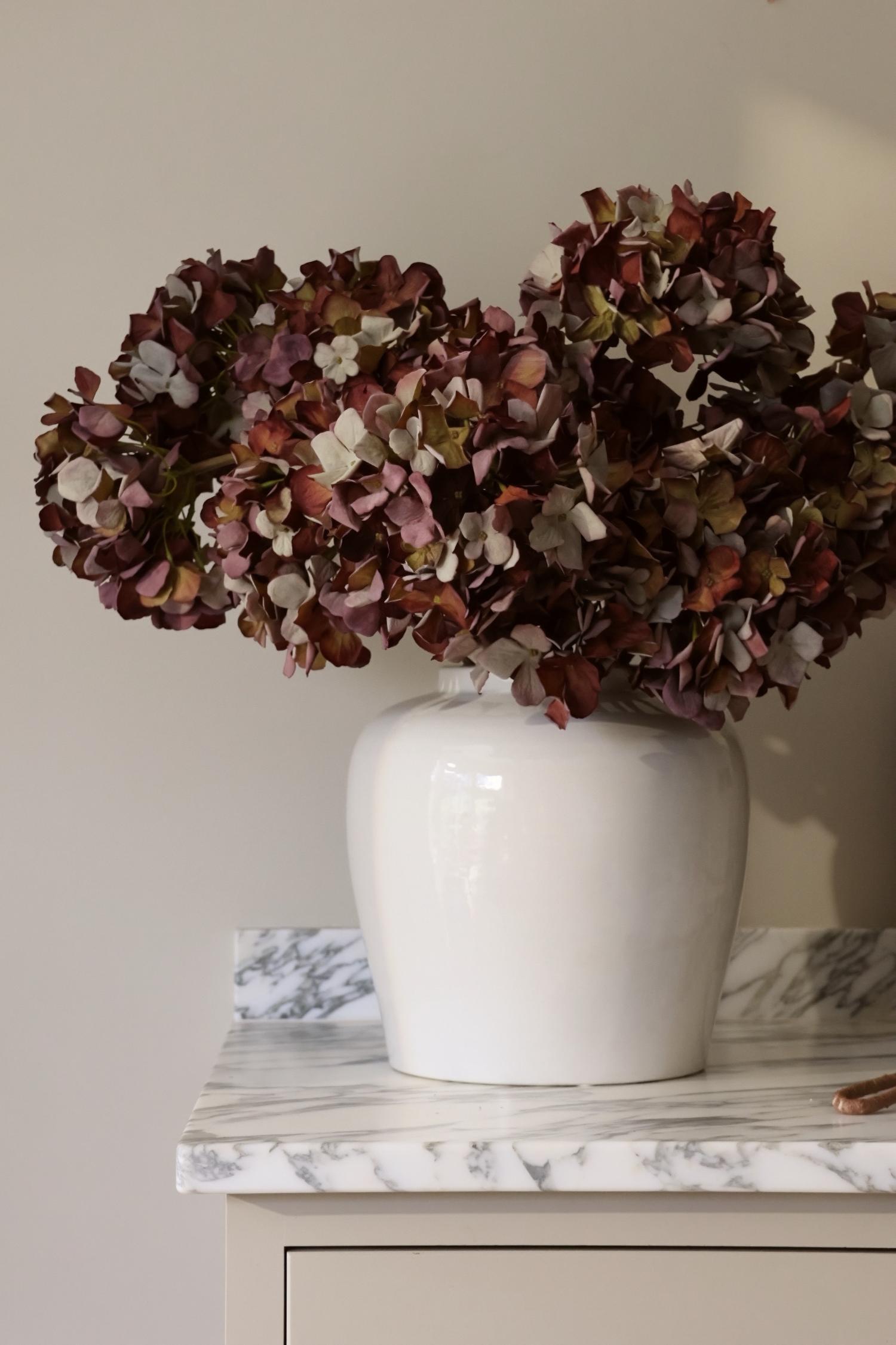 Large ceramic white vase with artificial burgundy hydrangea stems in on a marble kitchen worktop on plain background 
