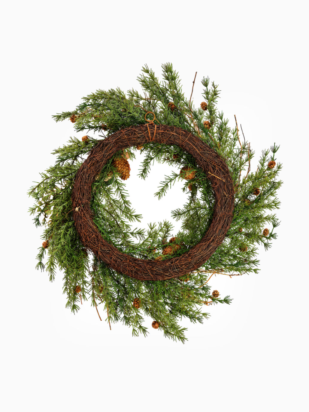 The back of an artificial nordic pinecone wreath for christmas on a white background