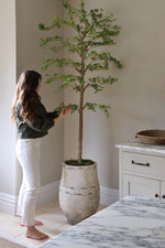 Woman tending to a artificial large tree shady lady in a home setting
