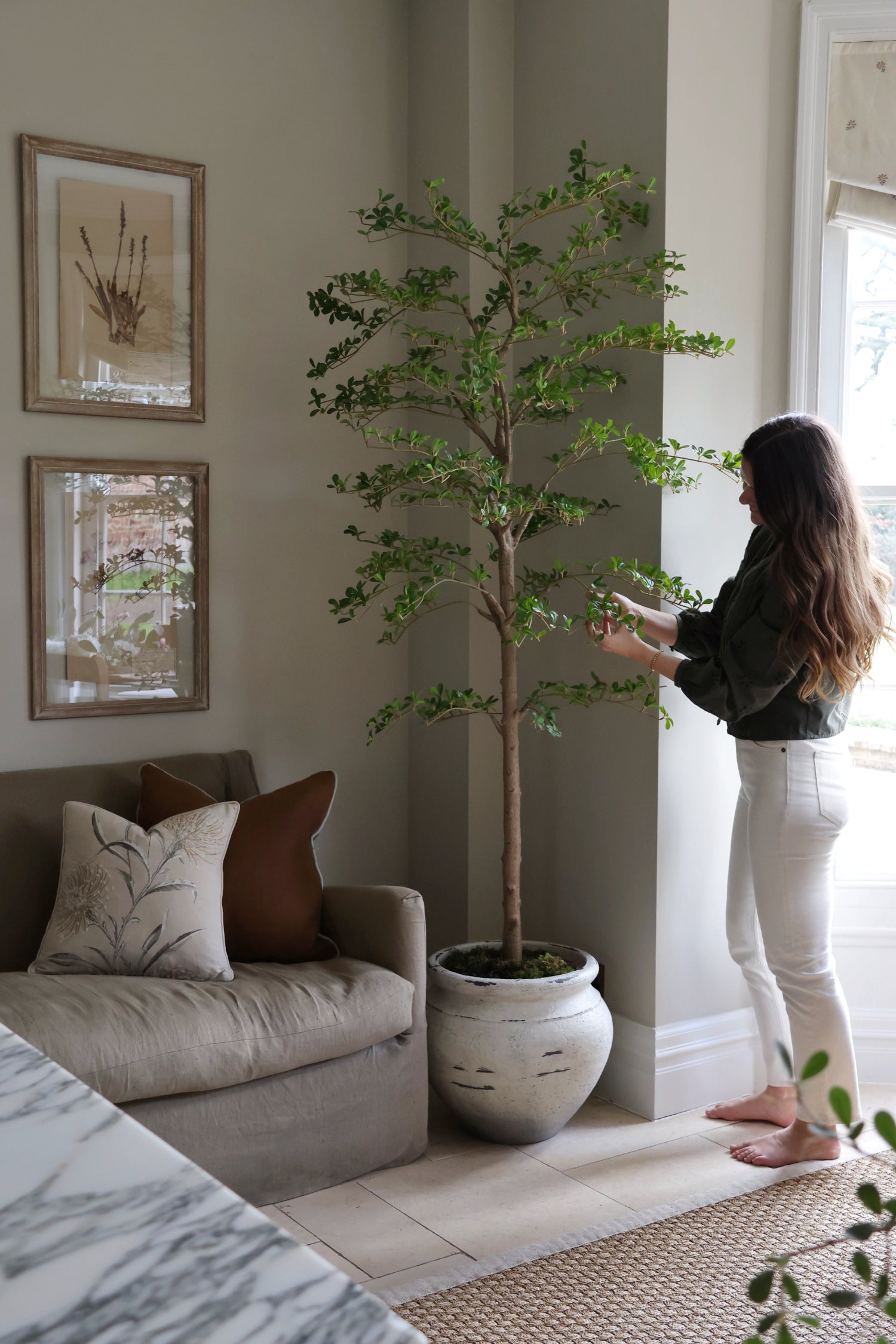 Woman arranging an artificial tree in a living room with a couch and framed pictures.