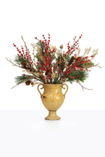Artificial Christmas Red Berry Arrangement in a ceramic urn on white background