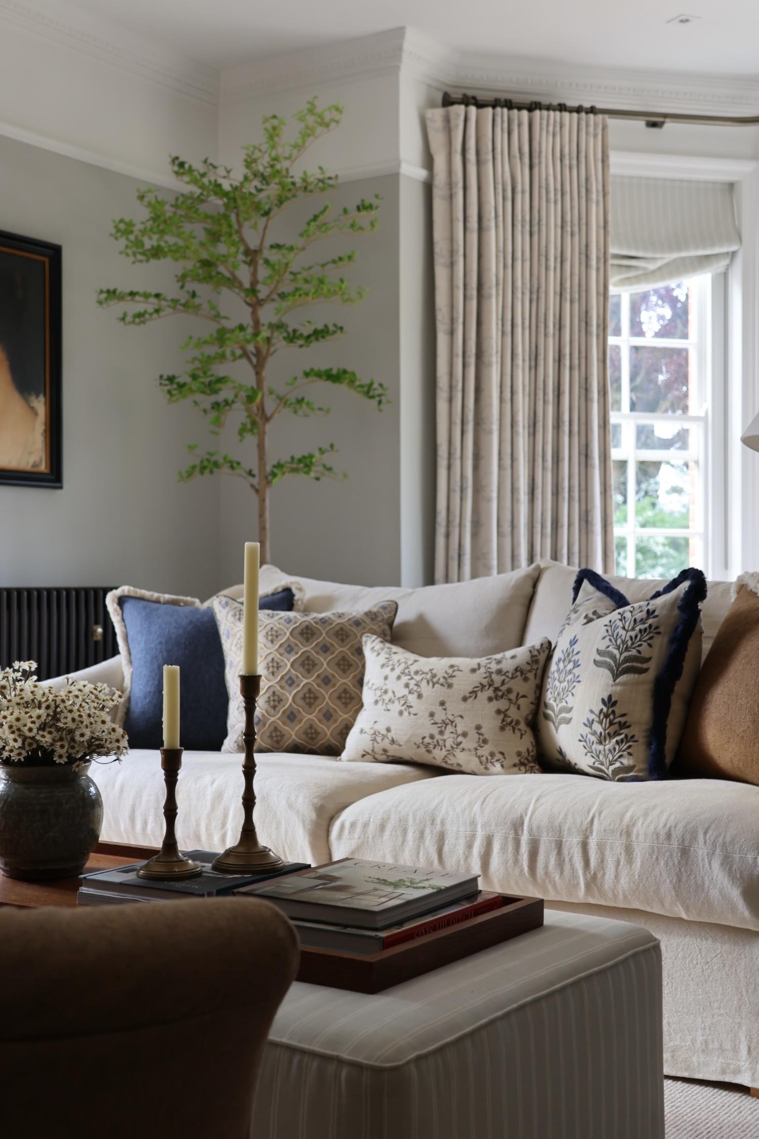 Living room with a beige sofa, decorative cushions, and a potted tree.