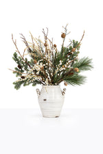 Artificial Christmas White Berry Arrangement in a ceramic urn on white background