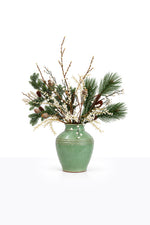 Artificial Christmas White Berry Arrangement in a ceramic urn on white background