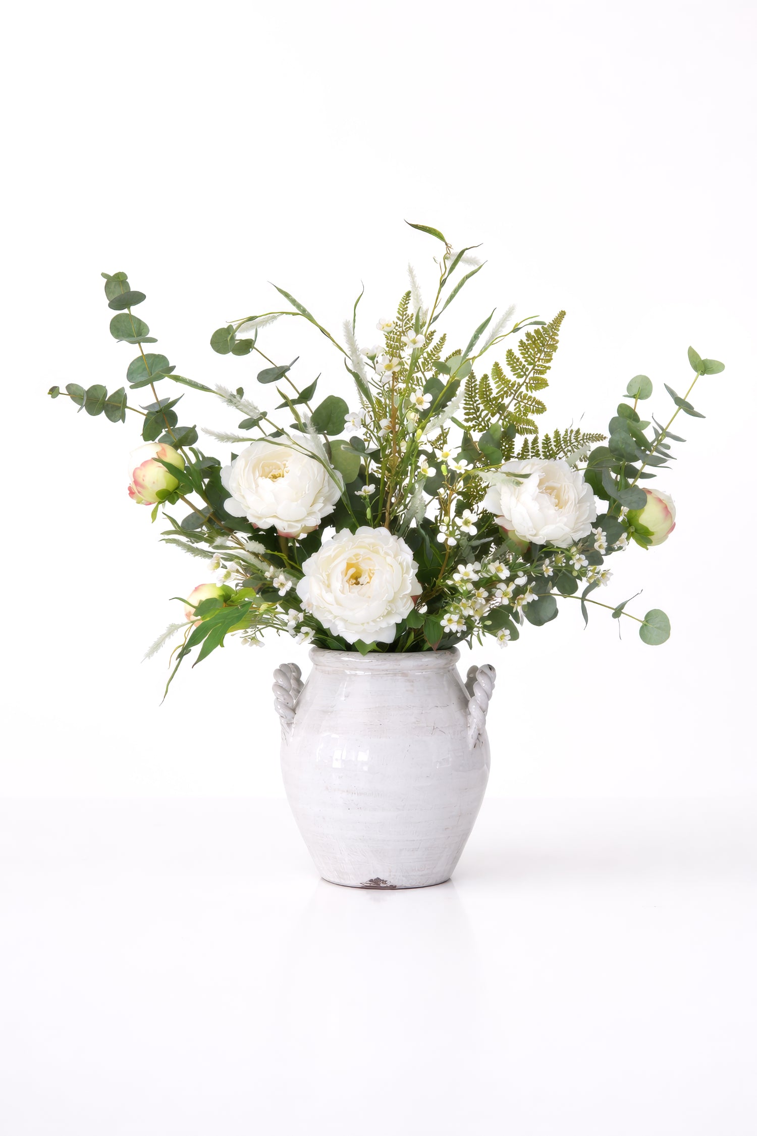 Faux White Peony & Foliage Arrangement