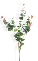 Artificial eucalyptus branch with pink tips on a white background