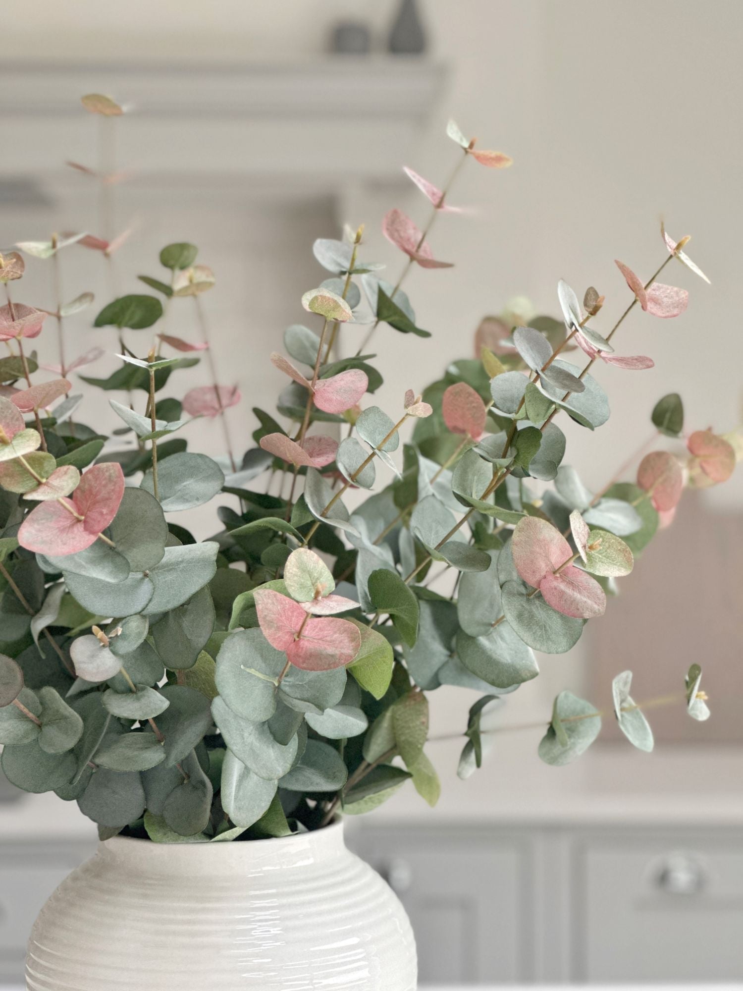 pink tipped eucalyptus stems in white vase