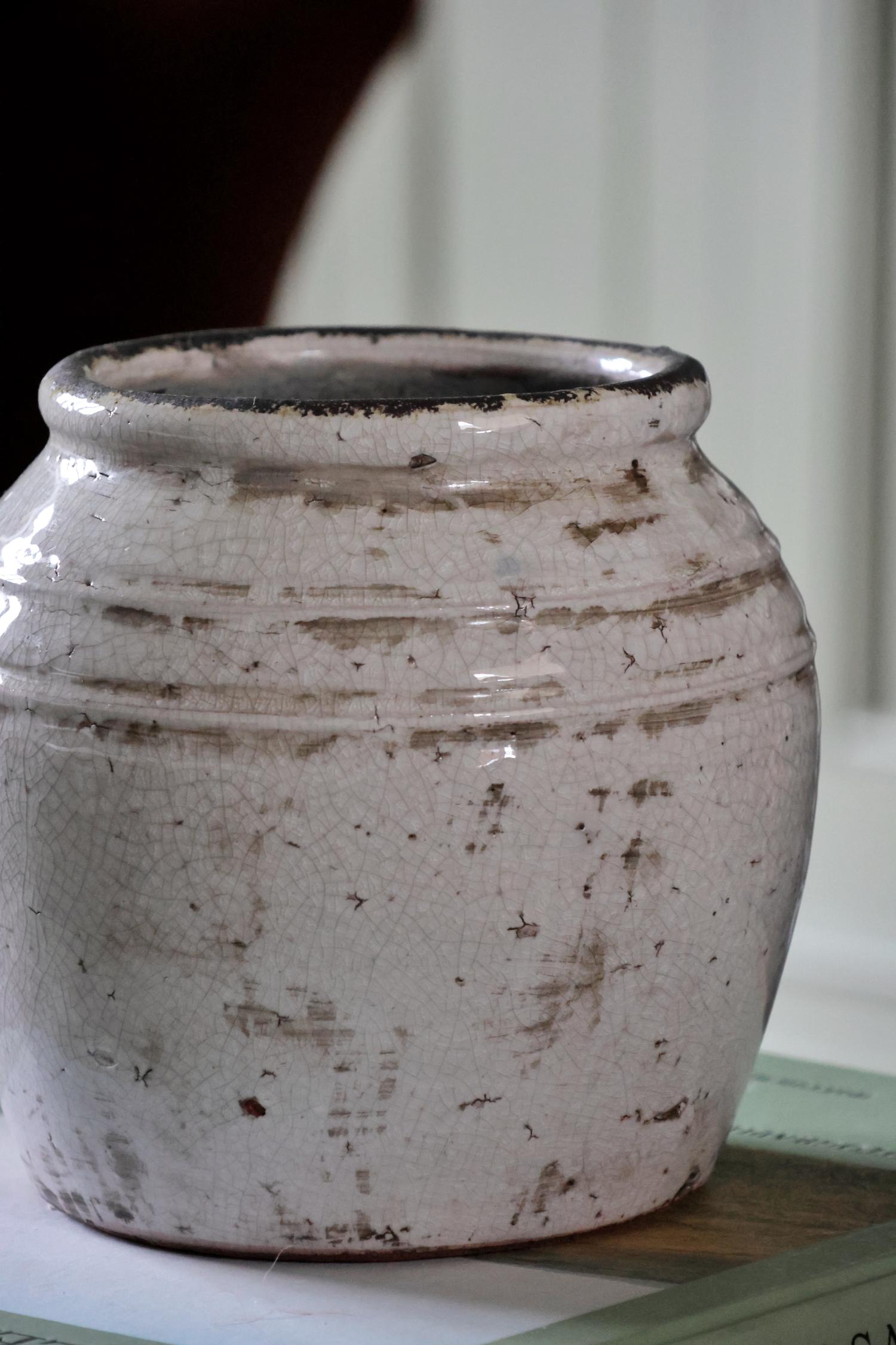 white rustic ceramic pot on blurred background