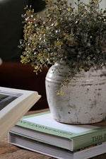 close up of white ceramic rustic vase with textured green bush 